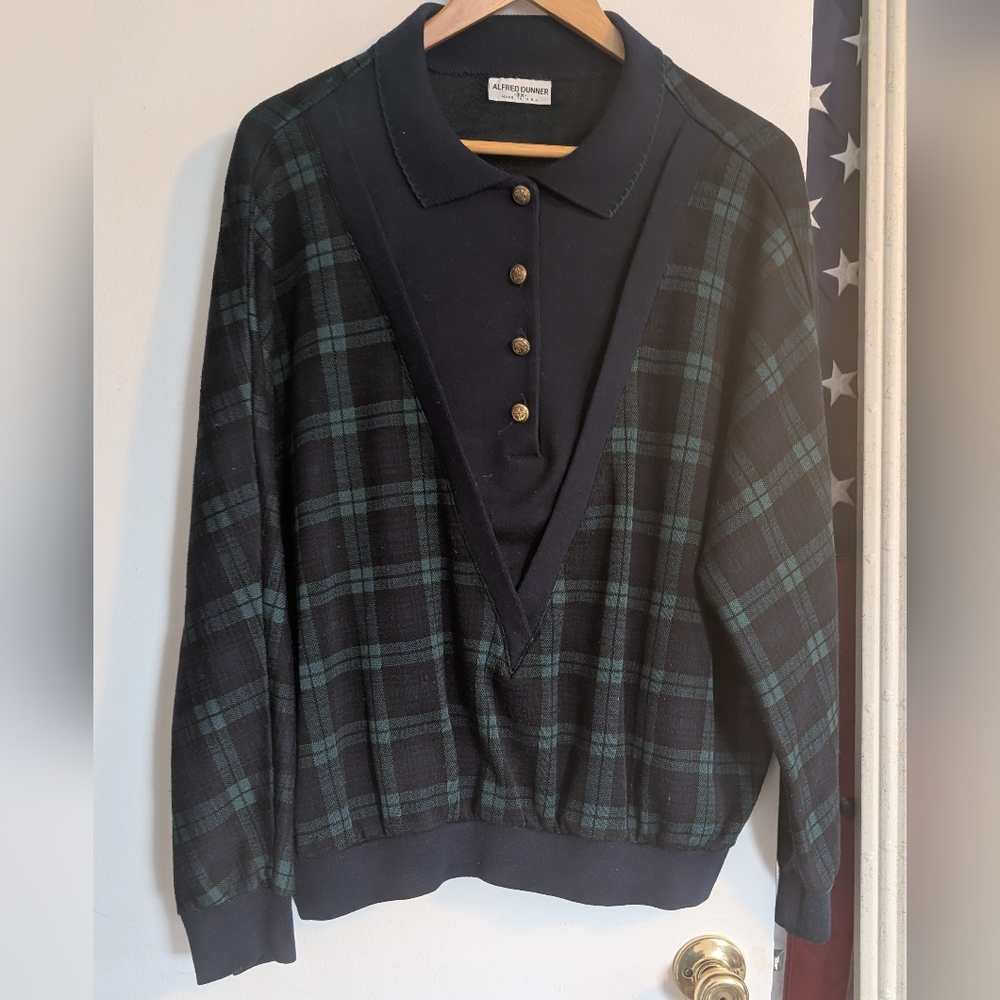 Alfred Dunner Navy and Teal Plaid Crewneck Top